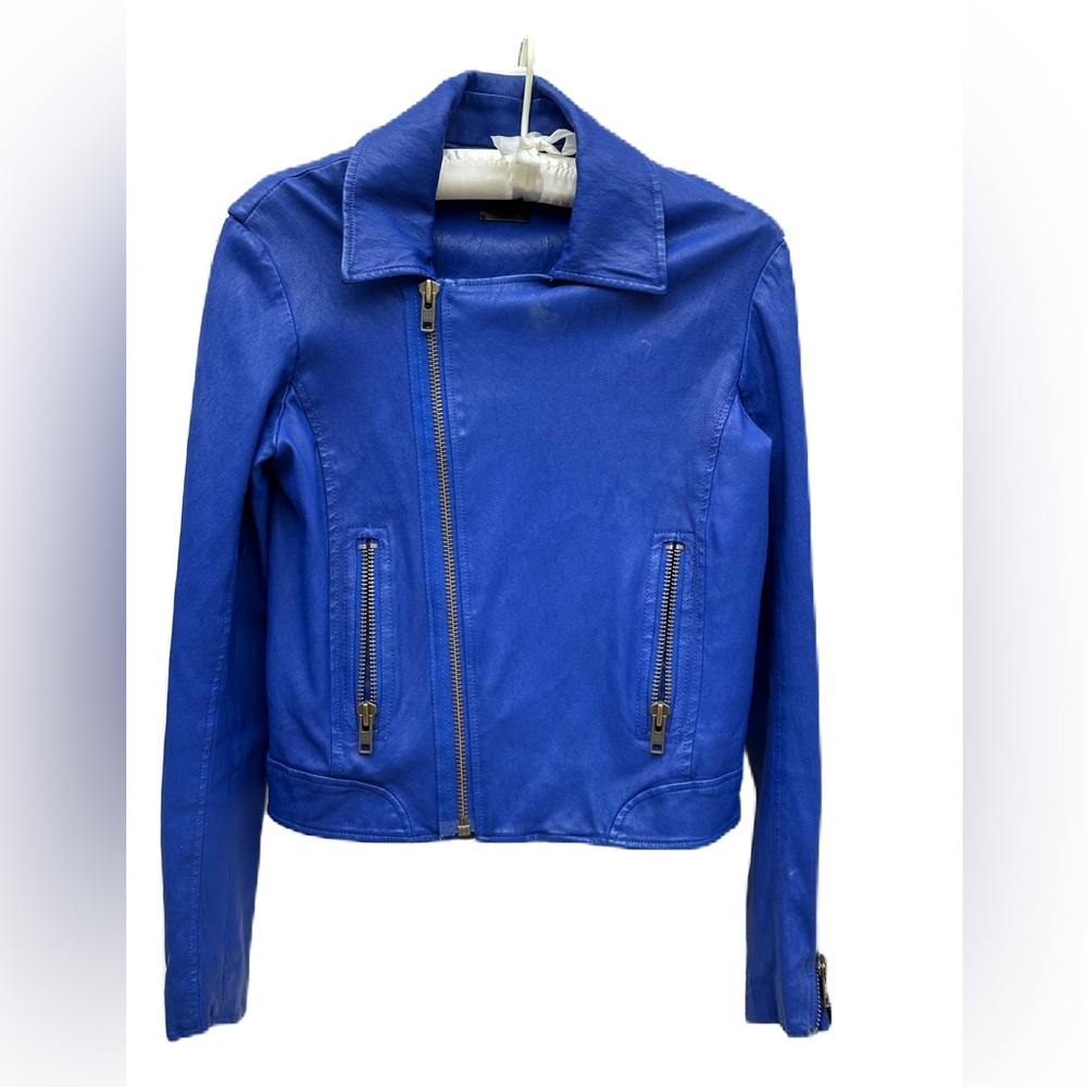 Joe’s jeans, leather cobalt blue women’s jacket